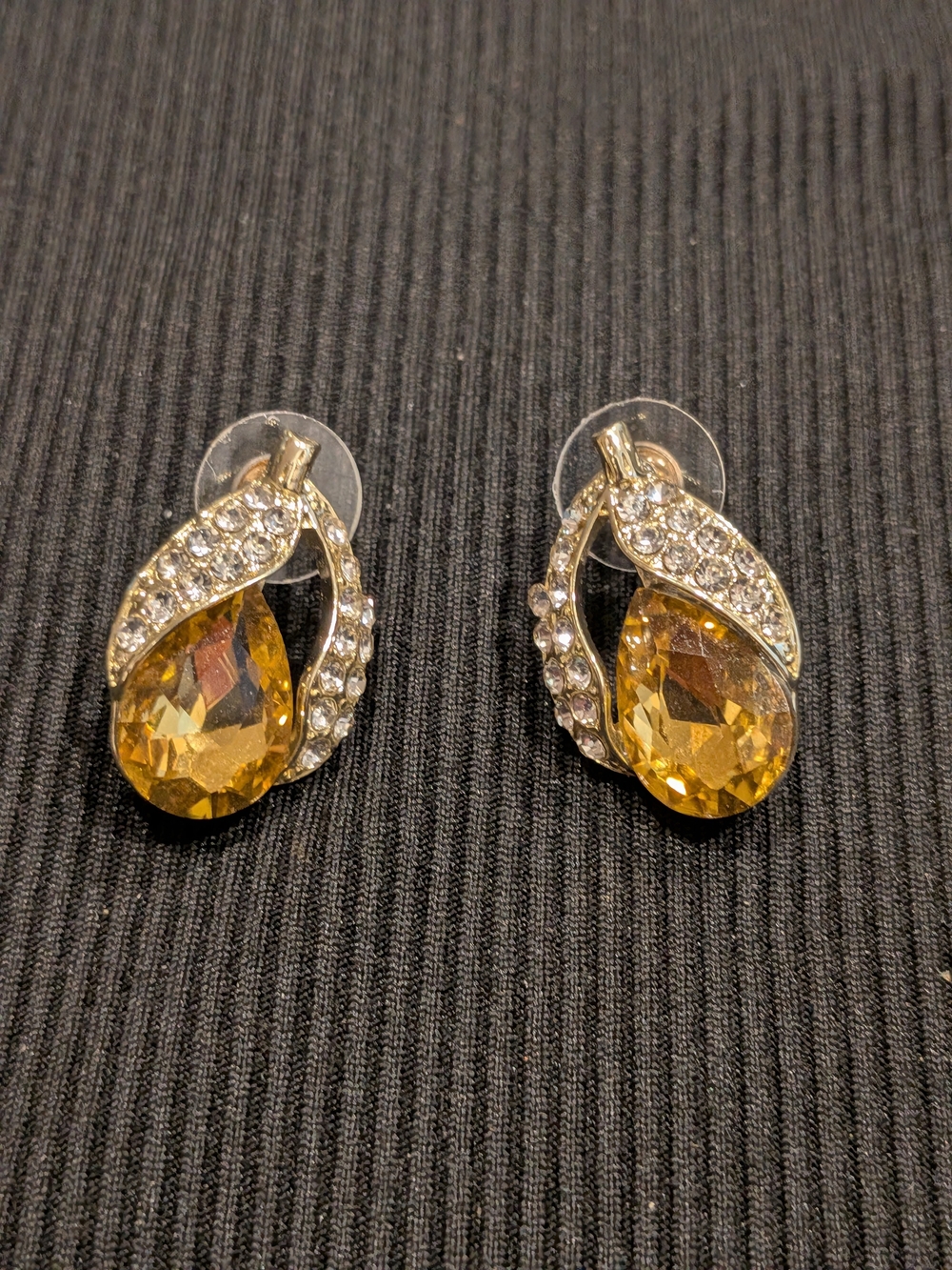 B#2: Crystal Teardrop Stud Earrings in Amber Gold Tone